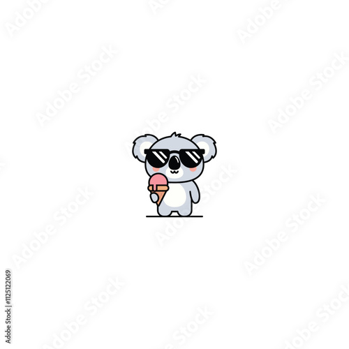 Cute koala wearing sunglasses holding an ice cream cartoon minimal style, vector illustration