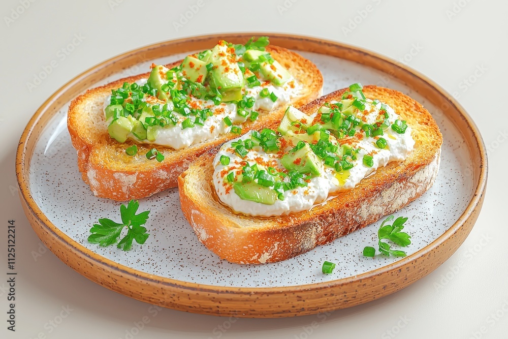 Delicious toasted bread topped with creamy cheese, fresh herbs, and spices, perfect for a healthy snack. Delicious toasted bread topped with creamy cheese, fresh herbs, and spices, perfect for a healthy snack.