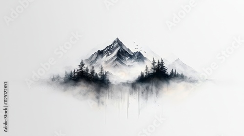 Black and gray minimalist mountain landscape drawing, high contrast ink lines, modern art, simple yet elegant design, perfect for wall art, ultra-realistic, photo-realistic, highly detailed, 