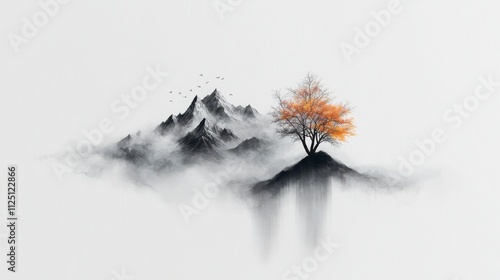 High-quality black and white ink art of mountain peaks, snow-capped with minimalistic design, modern wall art with simple elegant lines, ultra-realistic, photo-realistic, highly detailed, 