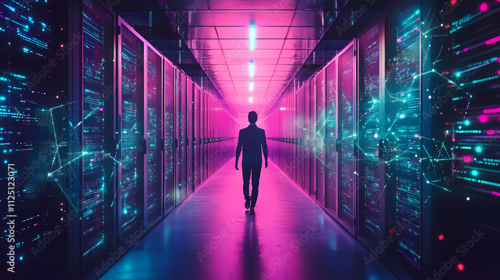 Transcendent digital network consciousness in vibrant neon lit data sanctuary. Omniscient. Illustration Transcendent digital network consciousness in vibrant neon lit data sanctuary. Omniscient. Illustration