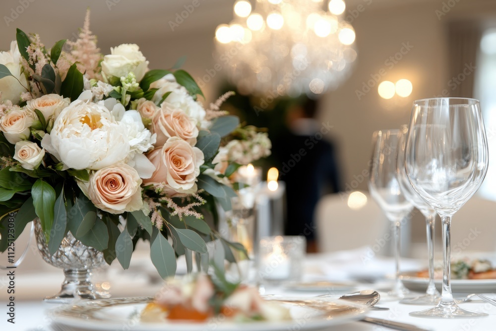 An elegantly set dining table adorned with soft-lit candles and delicate pastel flowers provides a romantic and inviting atmosphere for special occasions. An elegantly set dining table adorned with soft-lit candles and delicate pastel flowers provides a romantic and inviting atmosphere for special occasions.
