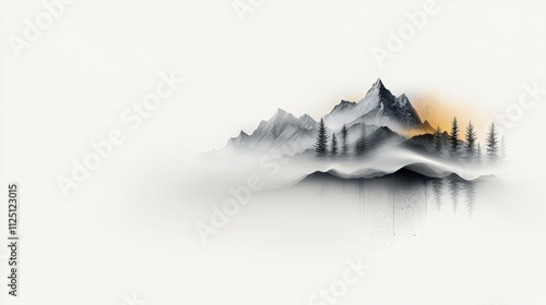 Peaceful minimalist drawing of snow-covered mountains, monochrome art with subtle shading, relaxing and simple modern poster design, ultra-realistic, photo-realistic, highly detailed, 