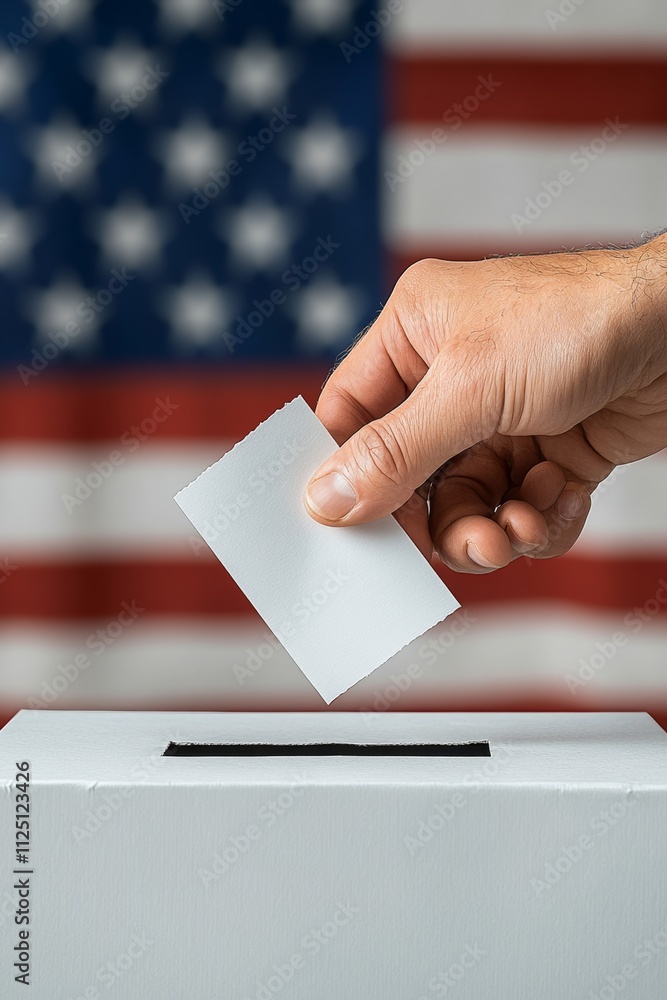 Hand of a Voter Putting Vote into Ballot Box, American Flag on Background, Election Day Concept Hand of a Voter Putting Vote into Ballot Box, American Flag on Background, Election Day Concept