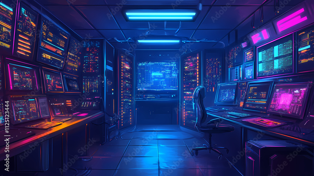 Vibrant digital data network sanctuary with cinematic neon lit illumination. Omniscient. Illustration Vibrant digital data network sanctuary with cinematic neon lit illumination. Omniscient. Illustration