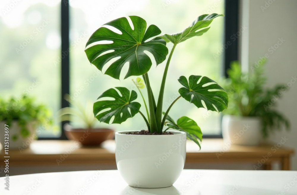 Monstera plant in a white pot in a bright living room. Home gardening concept. Monstera plant in a white pot in a bright living room. Home gardening concept.