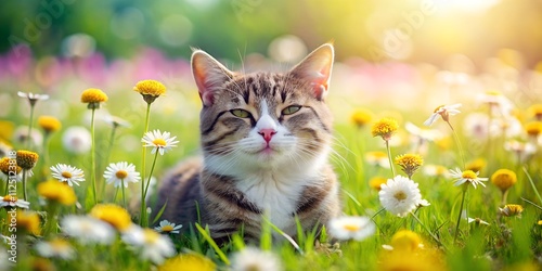 Cat resting peacefully in a vibrant flower field during a sunny day