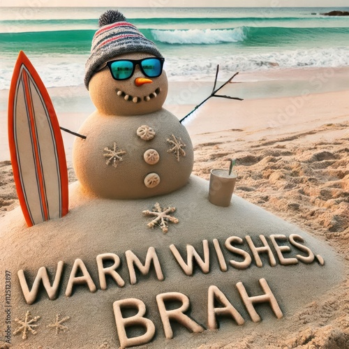 A cheerful sand snowman wearing sunglasses and a beanie on a beach wishing warm wishes.