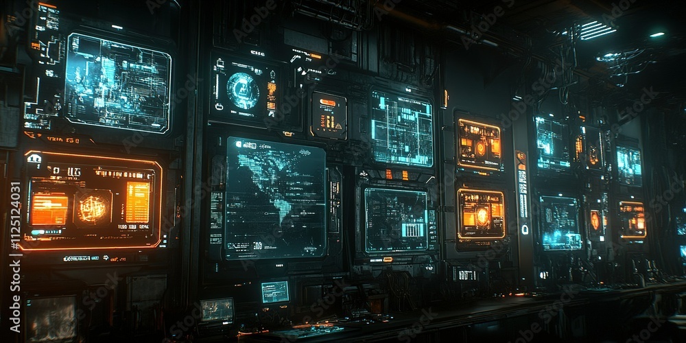 Fototapeta premium Futuristic control room filled with glowing digital displays and screens in a high-tech environment