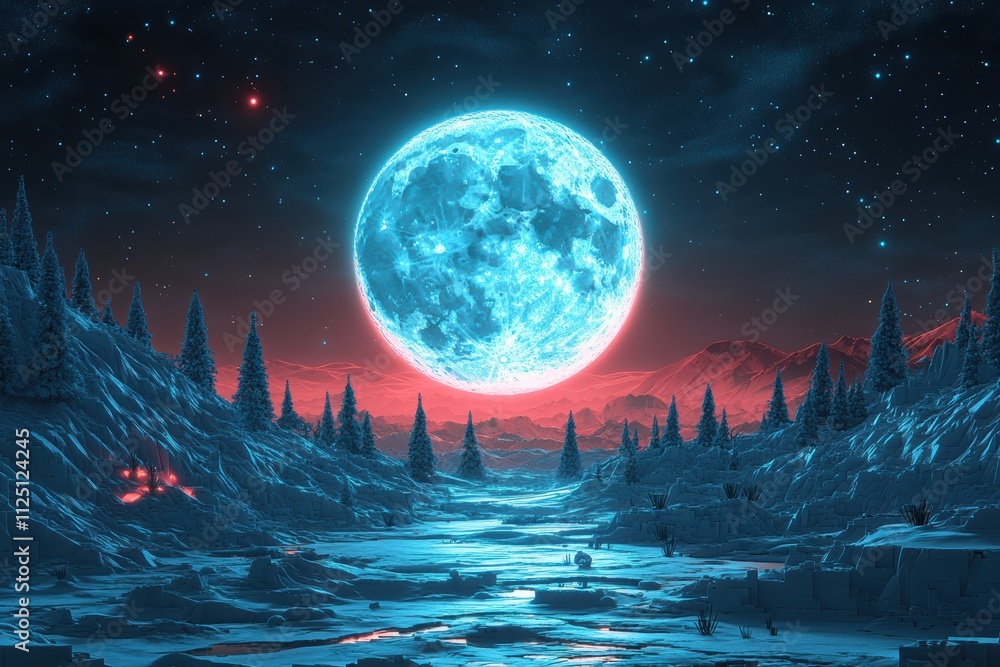 Naklejka premium A surreal landscape featuring a large blue moon over a snowy terrain with pine trees.