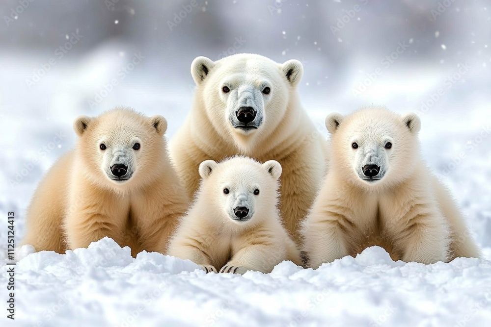 A snowy tundra with a family of polar bears roaming across the ice, with the soft glow of the Northern Lights in the background A snowy tundra with a family of polar bears roaming across the ice, with the soft glow of the Northern Lights in the background