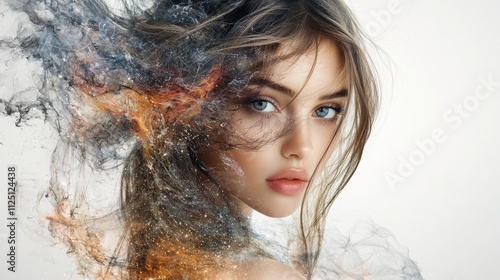 Surreal double exposure portrait of a young woman, her face blending with a vivid swirl of color, symbolizing introspection, with soft lighting, intricate details, and a photo-realistic finish. 