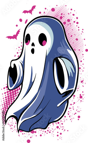 Cartoon style ghost with pink eyes and lips, conveying a playful and fun atmosphere.