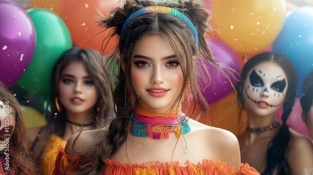 A lively scene of people in unique, colorful Halloween costumes, with a festive celebration background of balloons and party decorations. Ultra-Realistic, Photo Realistic, highly detailed, A lively scene of people in unique, colorful Halloween costumes, with a festive celebration background of balloons and party decorations. Ultra-Realistic, Photo Realistic, highly detailed,