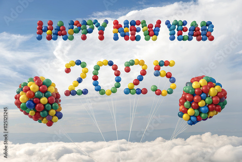 Happy New Year Festive Celebration of 2025 foil balloon 3d text effect	