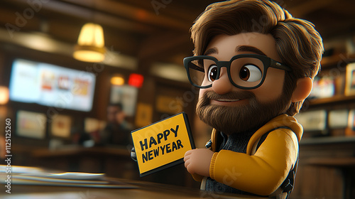 A cartoon man with glasses holds a yellow card that says 