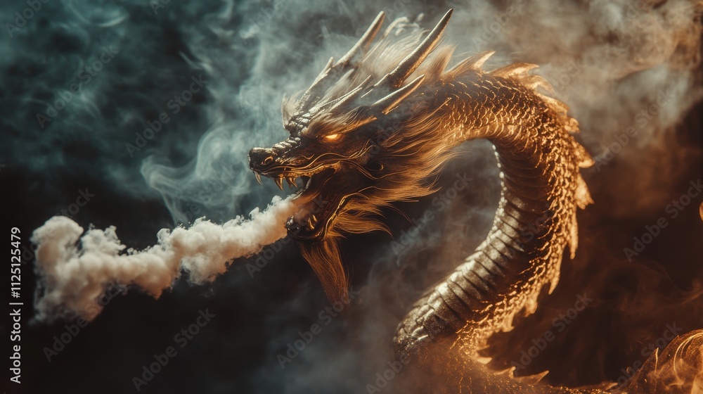 Golden dragon statue exhaling smoke, dark background. Golden dragon statue exhaling smoke, dark background.