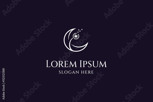 Elegant crescent moon and dandelion flower crescent moon star logo design line icon vector in linear luxury style line