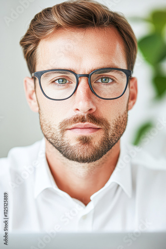 A man with glasses is sitting in front of a laptop