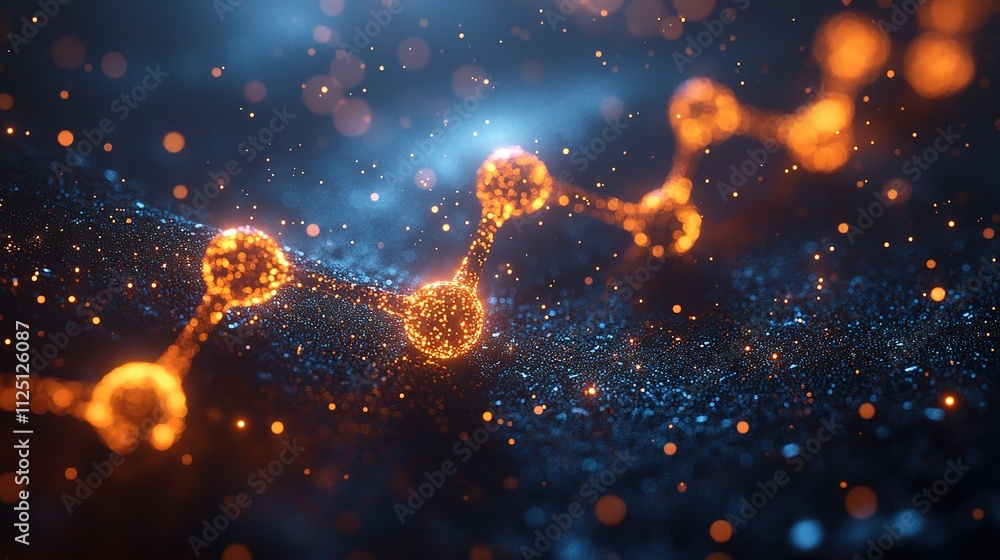 Fototapeta premium Abstract glowing orange and blue molecule chain.