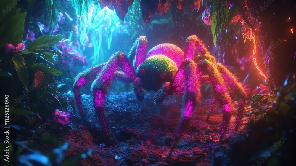 Neon spider in vibrant jungle. Neon spider in vibrant jungle.