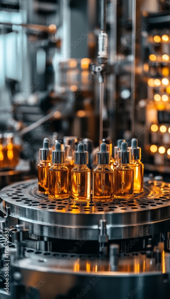 Cosmetic Manufacturing Automated Filling Machine in Action, Industrial Production Line Cosmetic Manufacturing Automated Filling Machine in Action, Industrial Production Line