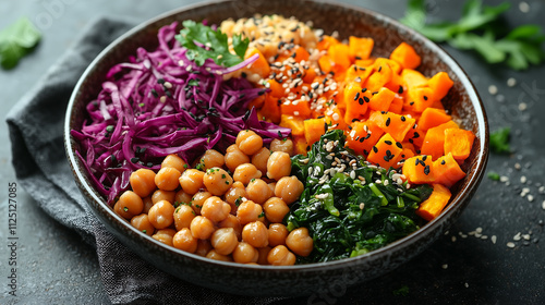 colorful bowl filled with roasted sweet potatoes, chickpeas, purple cabbage, and spinach, garnished with sesame seeds, showcasing healthy and vibrant meal