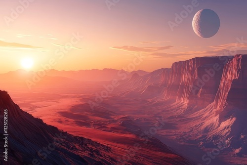 Dramatic sunset over a vast alien landscape with distant moon in the sky photo