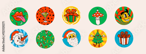 Retro style Christmas round stickers with groovy new year characters and obje...