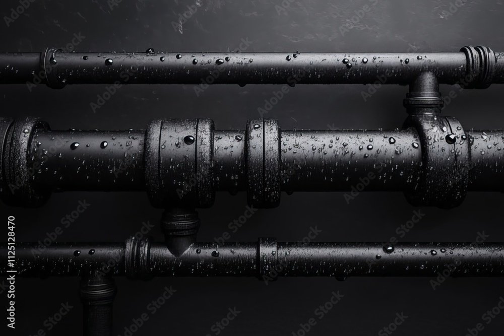 Black pipes with water droplets against a dark background create a striking industrial aesthetic in a minimalist setting Black pipes with water droplets against a dark background create a striking industrial aesthetic in a minimalist setting