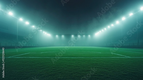 picture of a soccer stadium that is deserted yet has lighting 