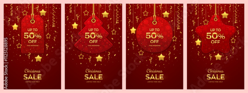 Christmas and New Year sale price tag set. Realistic red tags hanging on gold rope. Discount label with golden stars and confetti. Xmas banner, advertising, marketing price tag. Vector illustration.