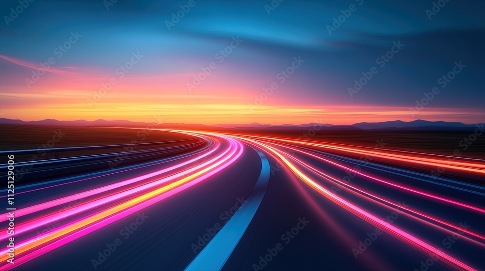 Vibrant Light Trails On Highway During Sunset Vibrant Light Trails On Highway During Sunset