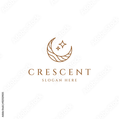 Elegant crescent moon and star logo design line icon vector in linear luxury style outline