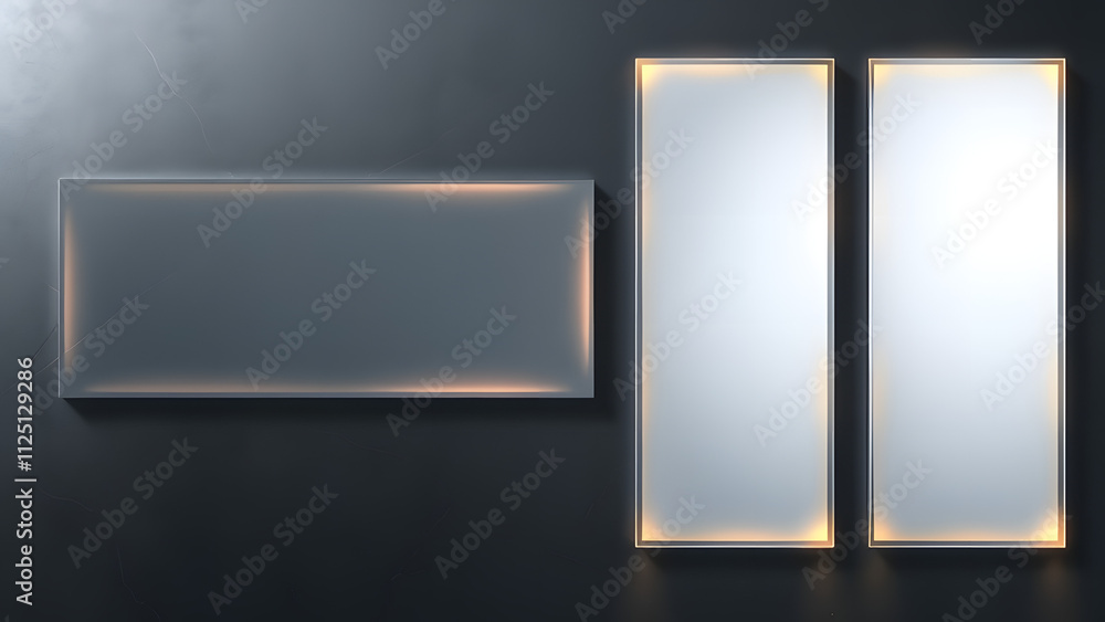 frosted glass rectangles with glowing borders, layered on a dark metallic gradient of slate frosted glass rectangles with glowing borders, layered on a dark metallic gradient of slate