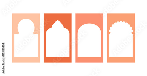 Indian arch gate shape frame. Islam architecture decoration for Ramadan. Oriental mosque panel for collage. Simple morocco style doorway element. Gothic border on social media stories template.