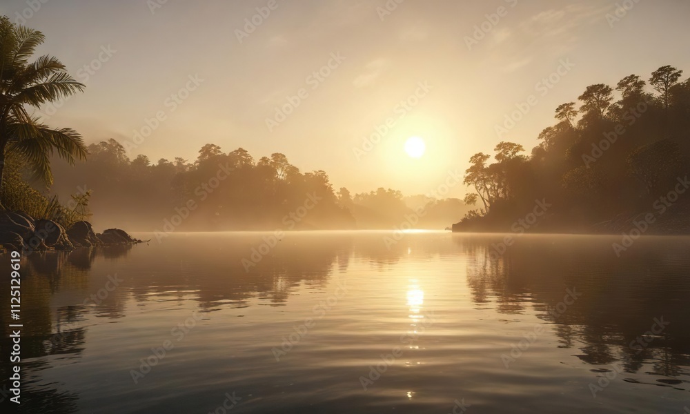Soft golden mist rises from a calm body of water , tranquil environment, peaceful scene, atmospheric conditions Soft golden mist rises from a calm body of water , tranquil environment, peaceful scene, atmospheric conditions