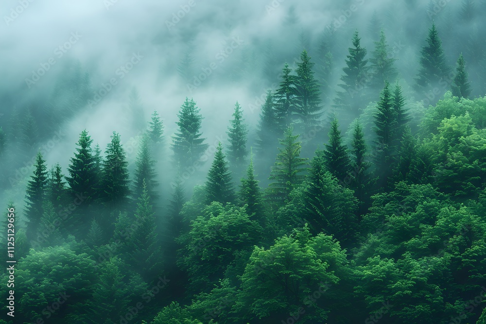Misty Forest Tranquility with Lush Green Pine Trees in Fog Misty Forest Tranquility with Lush Green Pine Trees in Fog