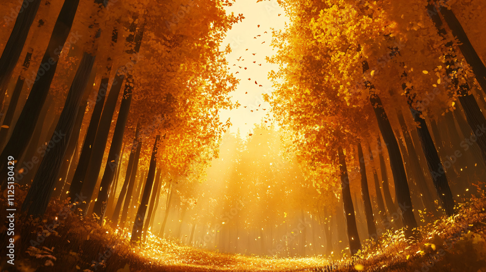 Golden forests stretching to the horizon under a warm autumn sun. Golden forests stretching to the horizon under a warm autumn sun.