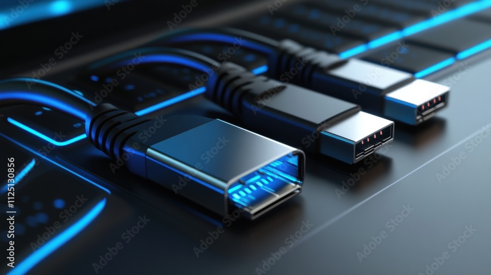Close-up of USB cables connected to a sleek laptop, showcasing modern technology and vibrant blue lighting. Close-up of USB cables connected to a sleek laptop, showcasing modern technology and vibrant blue lighting.