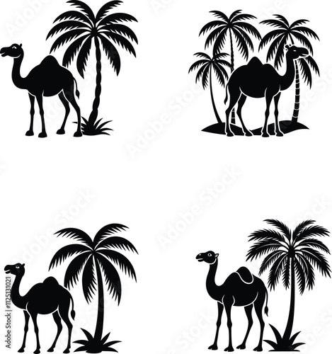 Camel With Coconut Tree Silhouette Vector Illustration