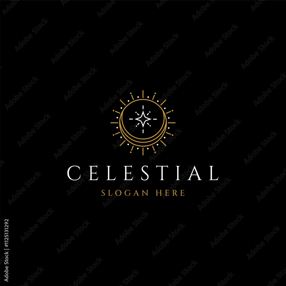 elegant celestial crescent moon and star and sun rays mystic logo design line icon vector in outline luxury linear style elegant celestial crescent moon and star and sun rays mystic logo design line icon vector in outline luxury linear style