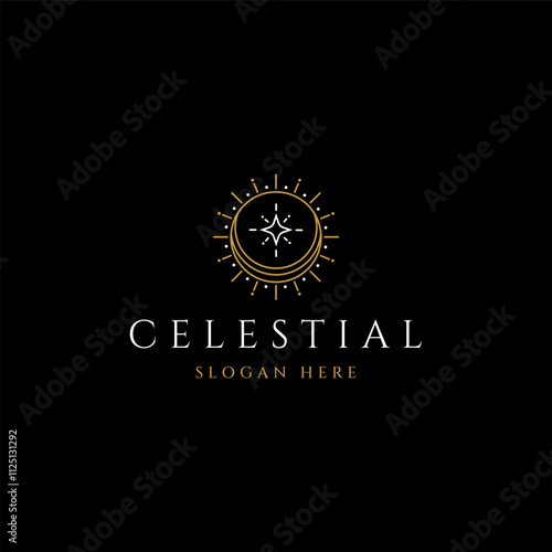 elegant celestial crescent moon and star and sun rays mystic logo design line icon vector in outline luxury linear style