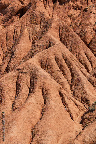 abstract natural background, red rugged sandstone. eroded soil close up. dry climate, erosion, canyon area photo