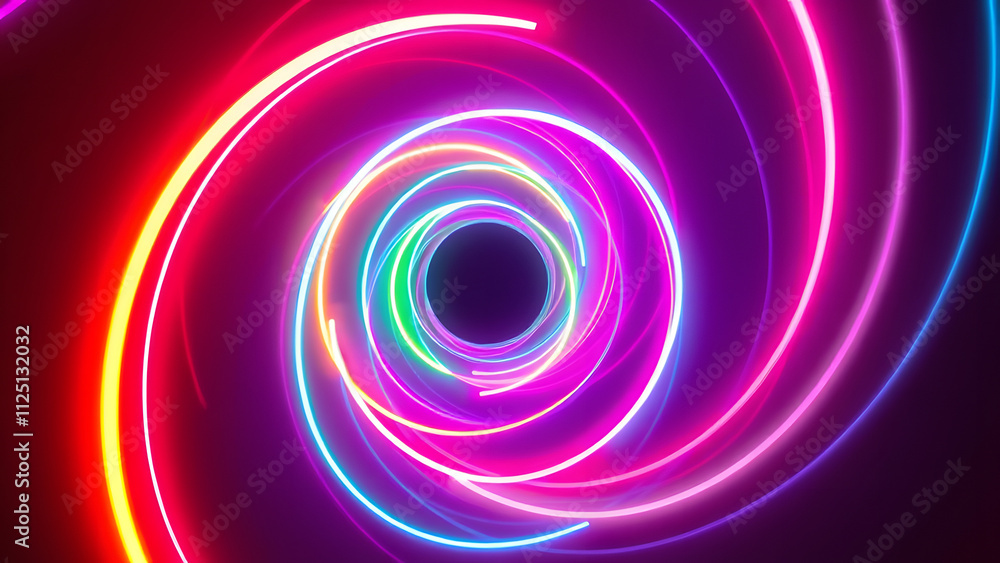 Abstract spirals of neon light twisting into a central void, creating a hypnotic effect Abstract spirals of neon light twisting into a central void, creating a hypnotic effect