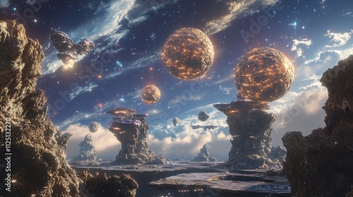 Alien landscape with glowing orbs and spaceships. photo