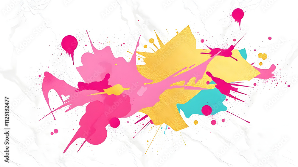Abstract artwork with splashes of bright pink, gold, and teal over a marble-like background Abstract artwork with splashes of bright pink, gold, and teal over a marble-like background