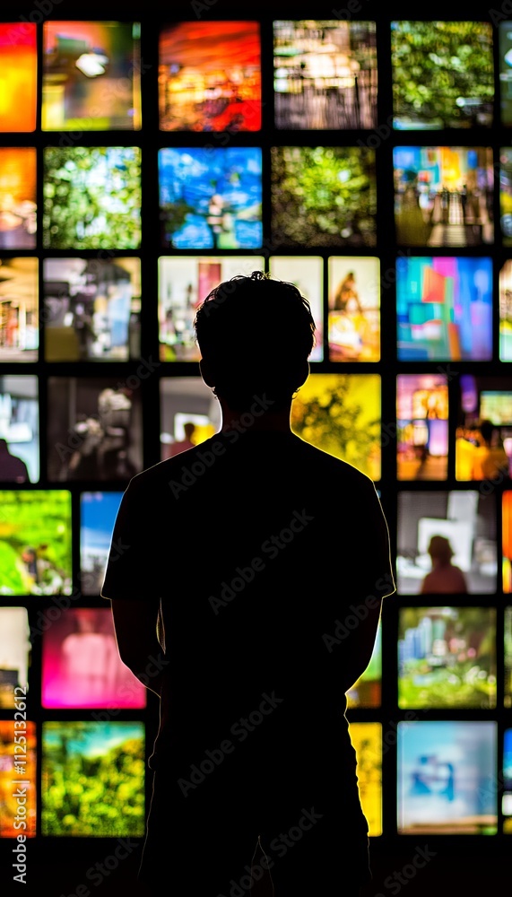 Silhouette Of A Person In Front Of Wall Of Digital Screens, Technology And Digital Media. Silhouette Of A Person In Front Of Wall Of Digital Screens, Technology And Digital Media.