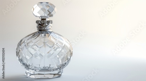 A classic clear glass perfume bottle with a decorative stopper, set against a white background, capturing its timeless and elegant design. photo