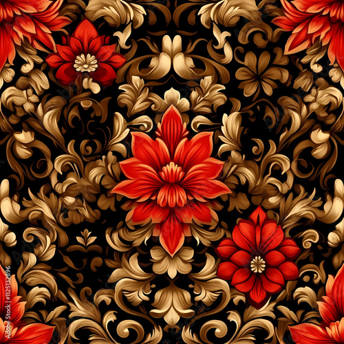 Bold red and gold floral damask pattern on black background, featuring intricate designs and vibrant flowers that evoke elegance and luxury